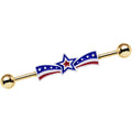 BodyCandy Gold Anodized Red White and Blue Ribbon Star Industrial Barbell 38mm — main product shot