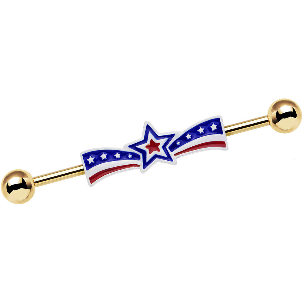 BodyCandy Gold Anodized Red White and Blue Ribbon Star Industrial Barbell 38mm — main product shot