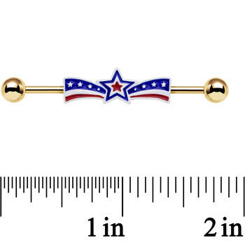BodyCandy Gold Anodized Red White and Blue Ribbon Star Industrial Barbell 38mm — detail close-up