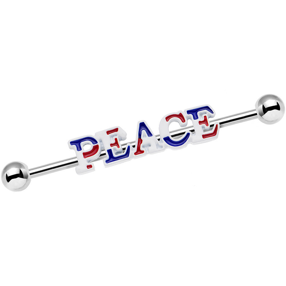 BodyCandy 14G Red White and Blue Text Peace Industrial Barbell 38mm — main product shot