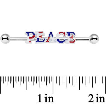 BodyCandy 14G Red White and Blue Text Peace Industrial Barbell 38mm — detail close-up