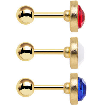 BodyCandy Gold Anodized Red White Blue Tragus Cartilage Earring Set of 3 — detail close-up