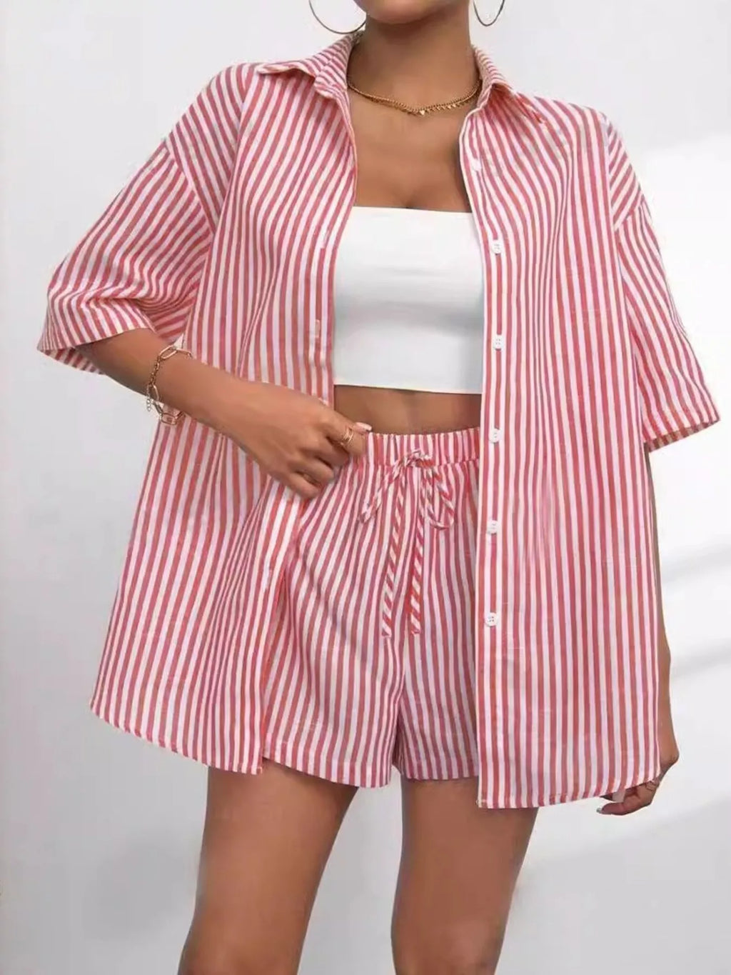 Striped Button Up Shirt and Shorts Casual Set