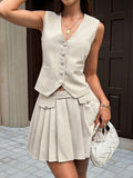 Button Up Vest and Pleated Mini Skirt Set