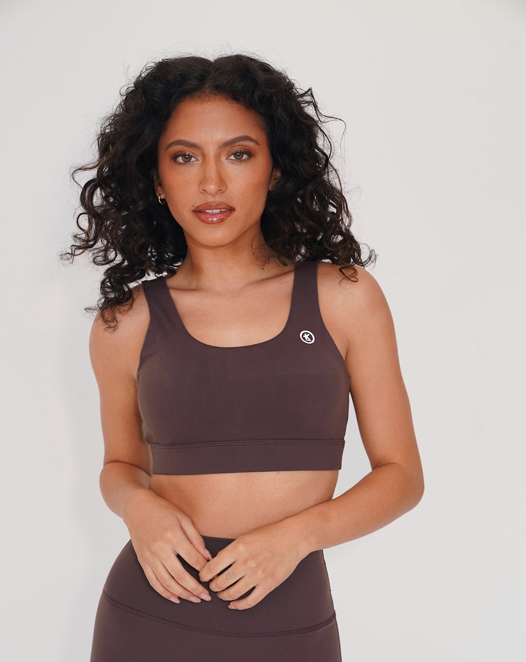 KIMITH BRAND I am Beautifully Radiant Quick Dry Coffee Sports Bra — detail close-up
