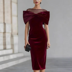One-Shoulder Velvet Gold Thread Dress – Elegant Midi Dress in Black & Red