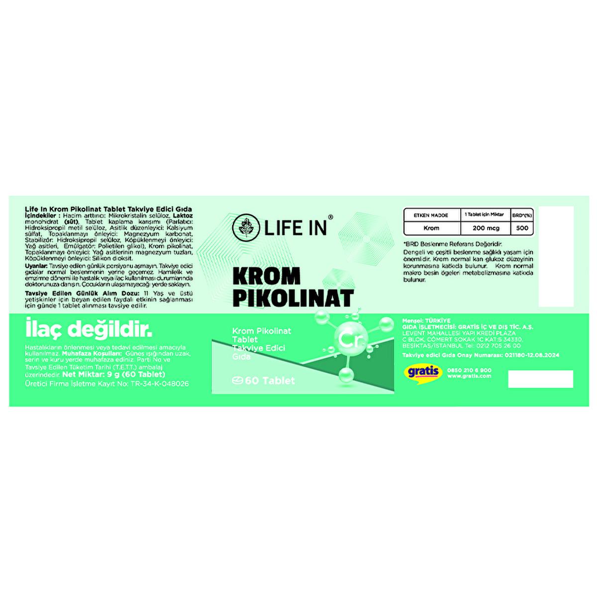 Life In Krom Pikolinat Chromium Picolinate Supplement for Macro Nutrient Metabolism - 60 Tablets