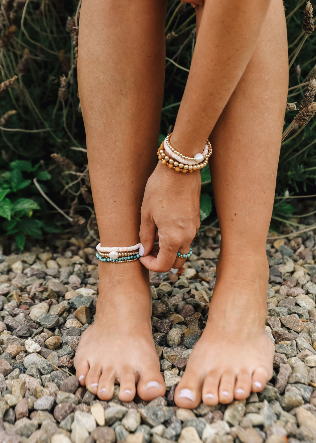 CanyonLeaf Dainty 14K Gold Filled + Sea Shell || Stretch Anklet or Bracelet — lifestyle worn / used context