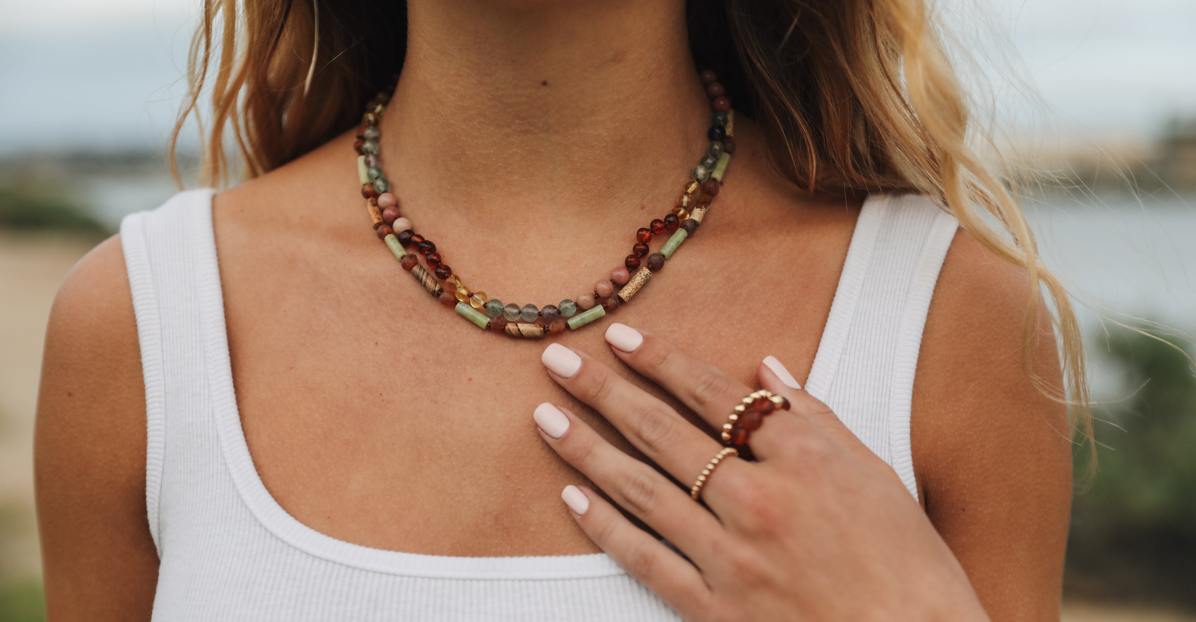 CanyonLeaf Raw Baltic Sea Amber + Stone Rainbow || Necklace — detail close-up