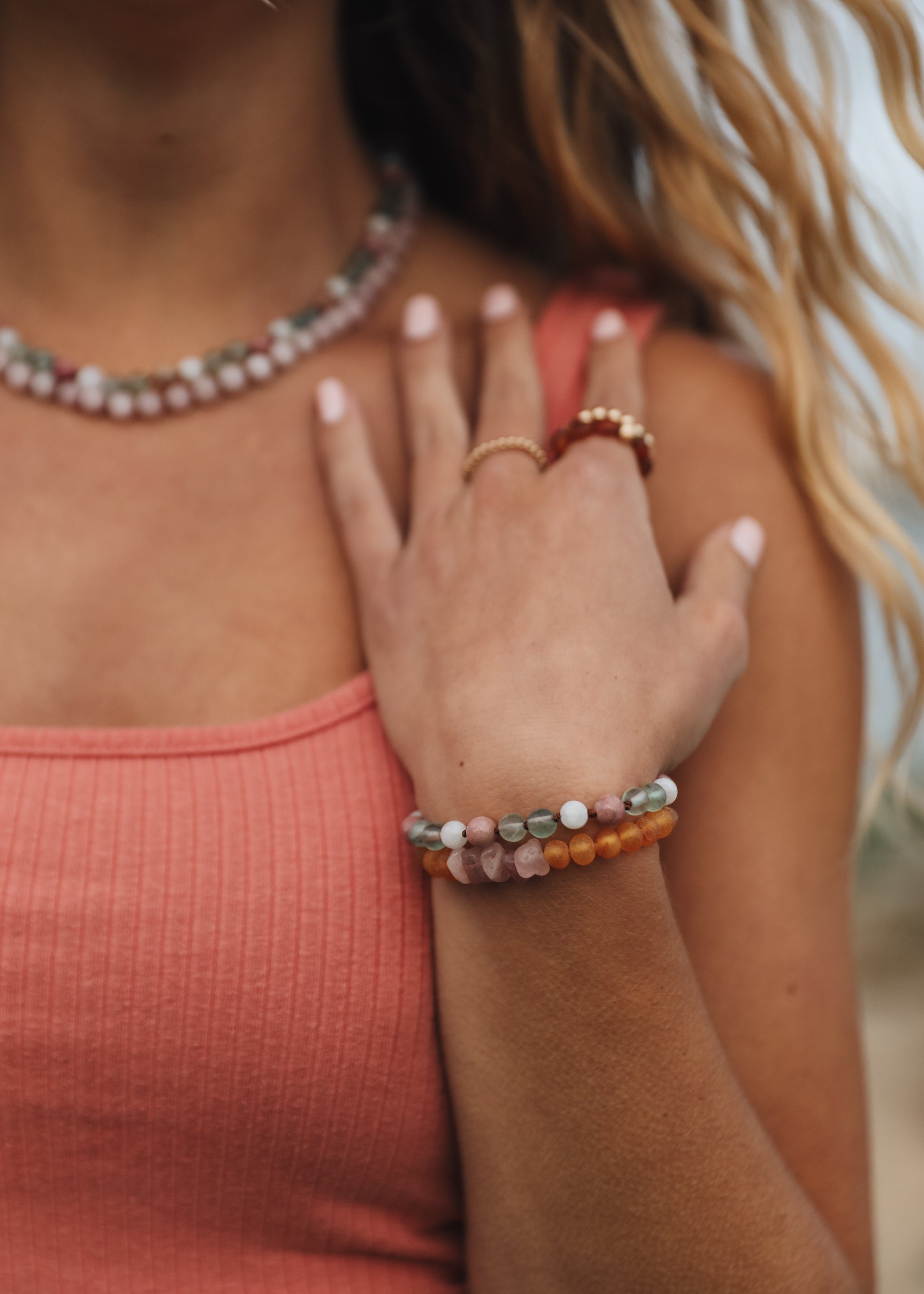 CanyonLeaf Fluorite + Moonstone + Rhodonite || Natural Gemstone Necklace — detail close-up