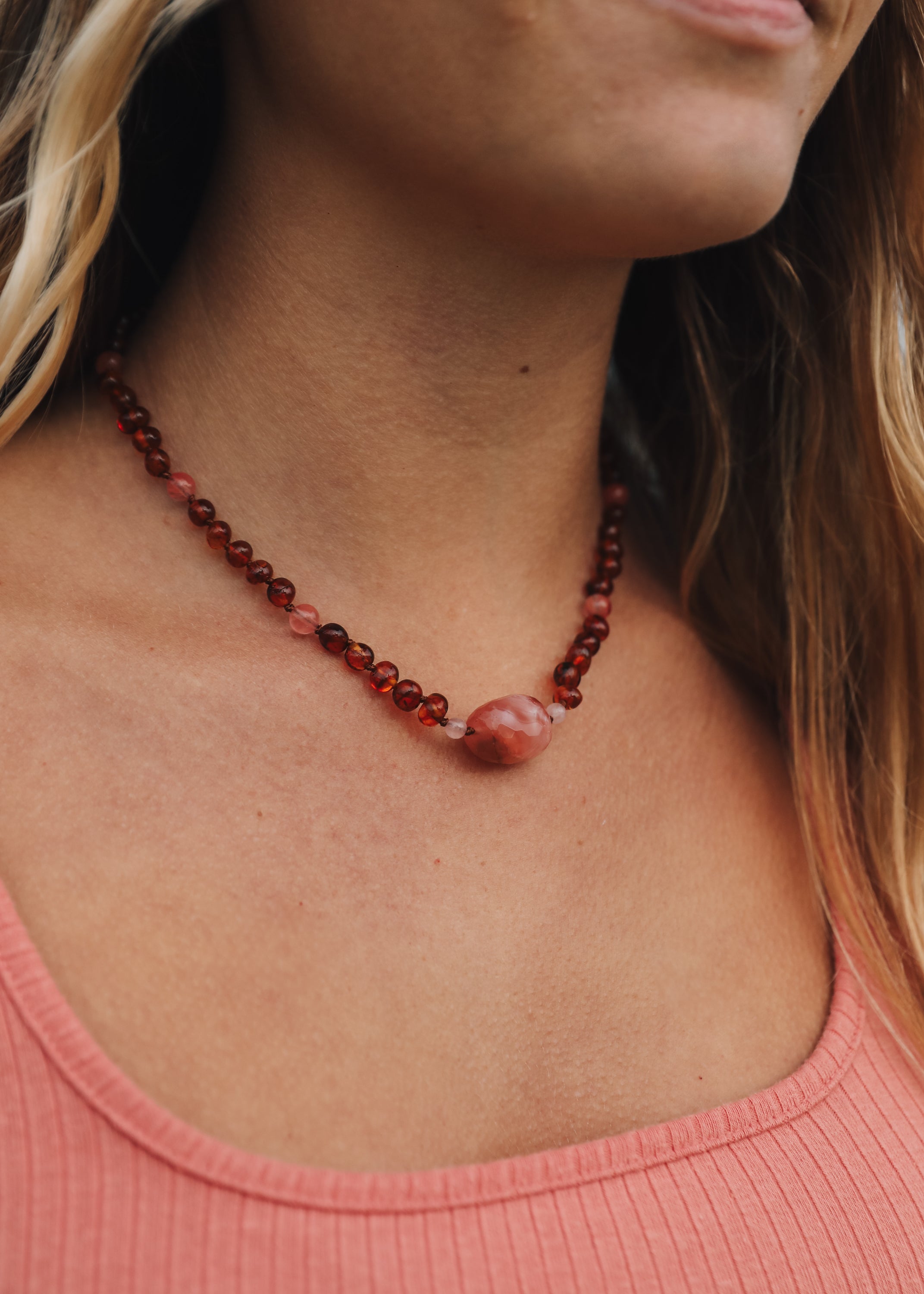 CanyonLeaf Cognac Baltic Sea Amber || Cherry + Rose Quartz || Necklace — main product shot