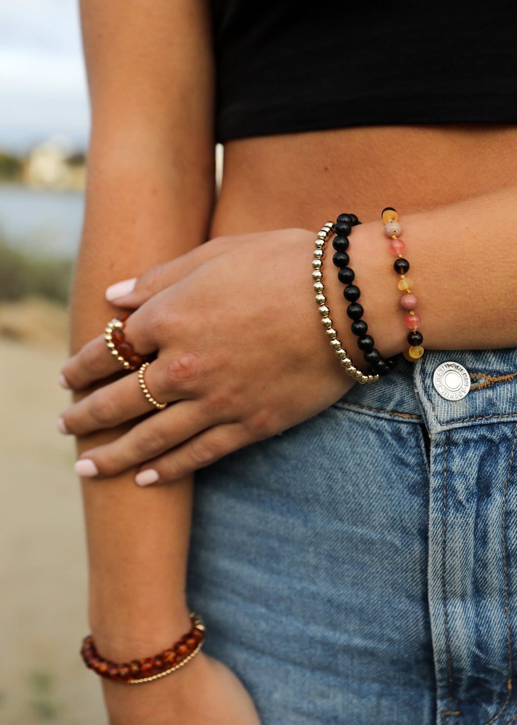 CanyonLeaf Raw Honey Baltic Sea Amber : Smokey Quartz + Rhodonite|| Anklet or Bracelet — main product shot