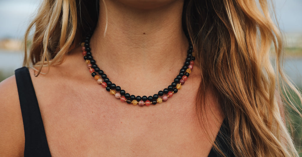 CanyonLeaf Raw Honey Baltic Sea Amber : Smokey Quartz + Rhodonite|| Anklet or Bracelet — construction detail