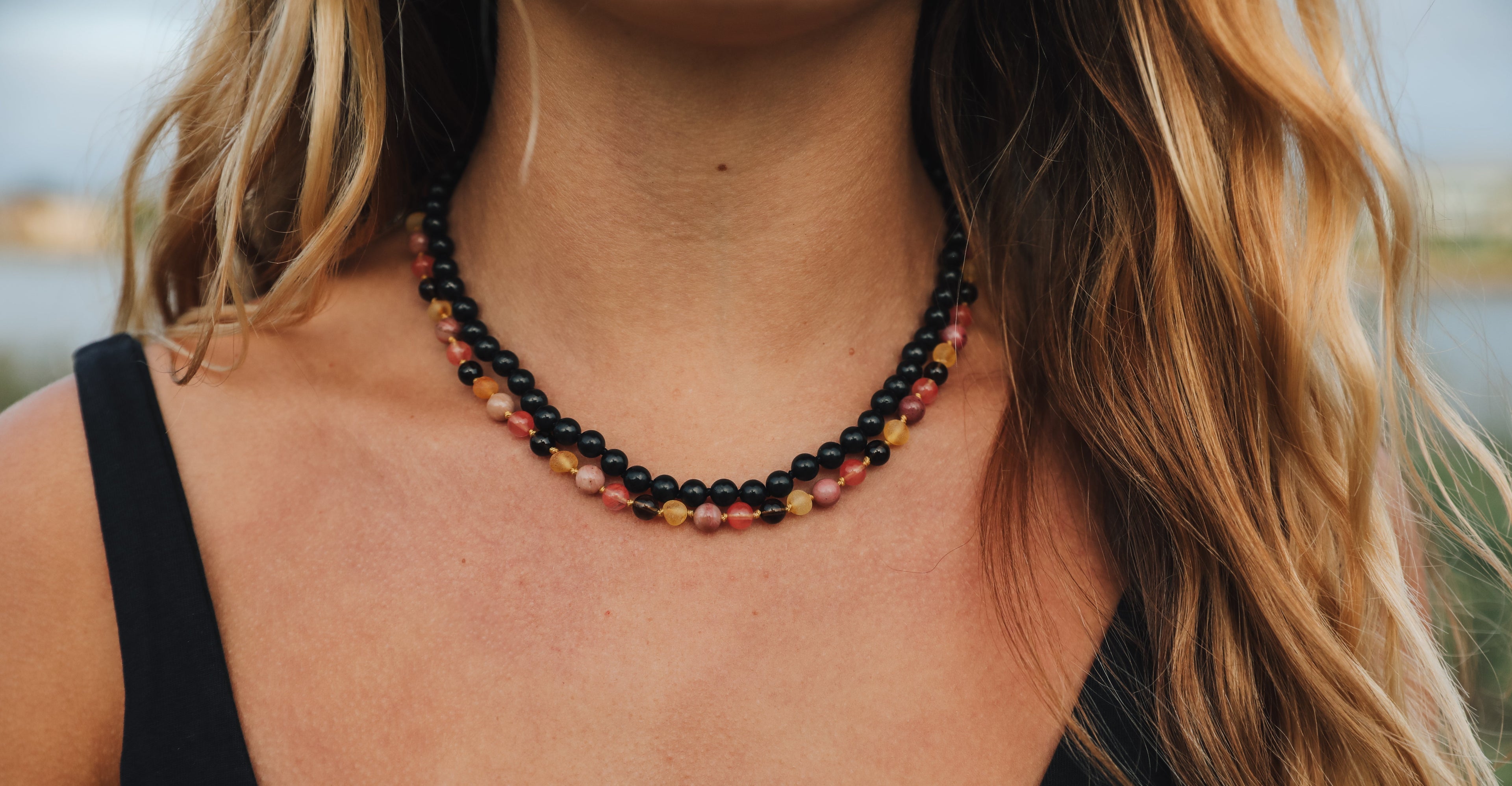 CanyonLeaf Raw Honey Baltic Sea Amber : Smokey Quartz + Rhodonite|| Anklet or Bracelet — construction detail