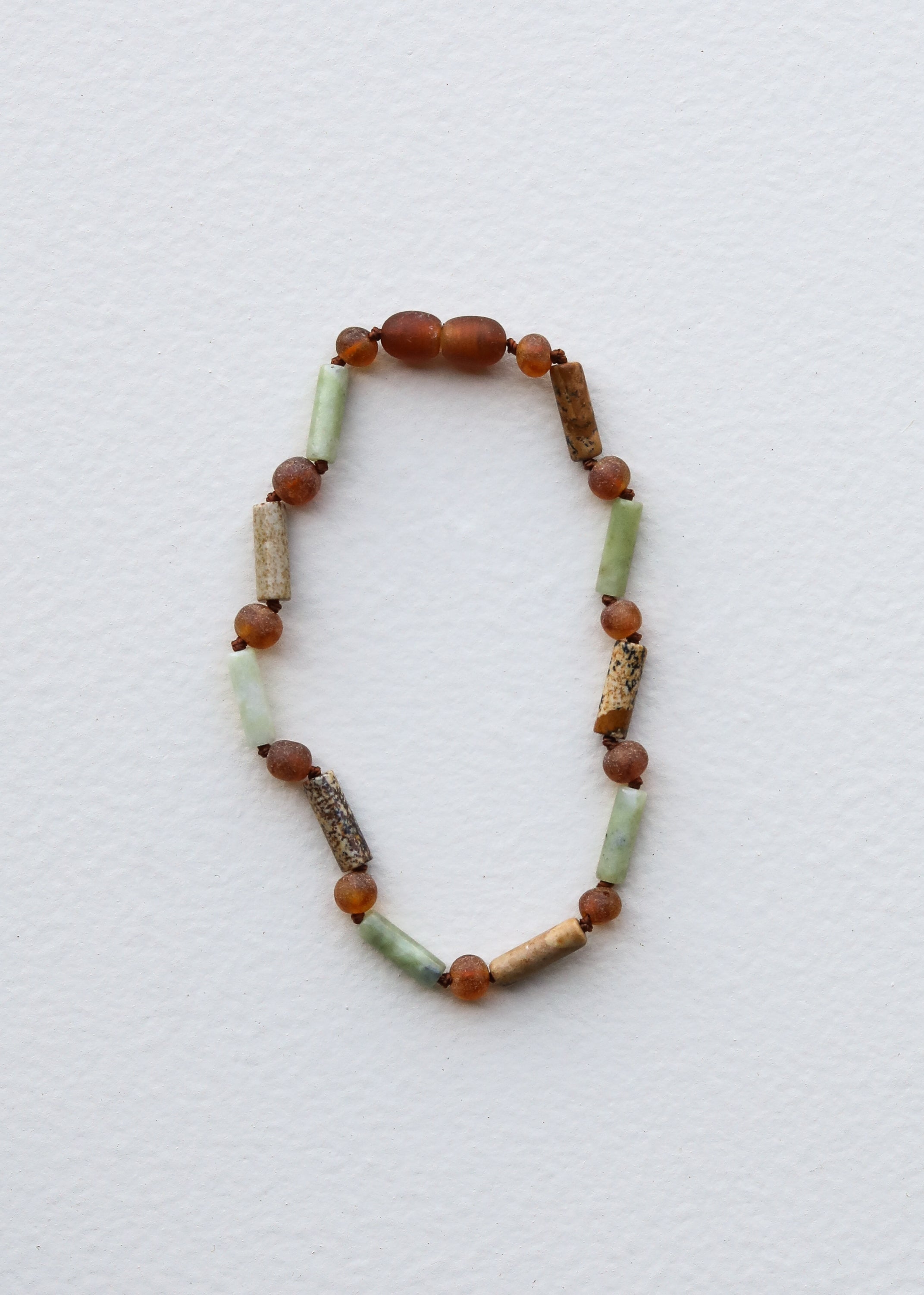 CanyonLeaf Raw Cognac Baltic Amber + Green Jade + Striped Agate || Anklet or Bracelet — detail close-up