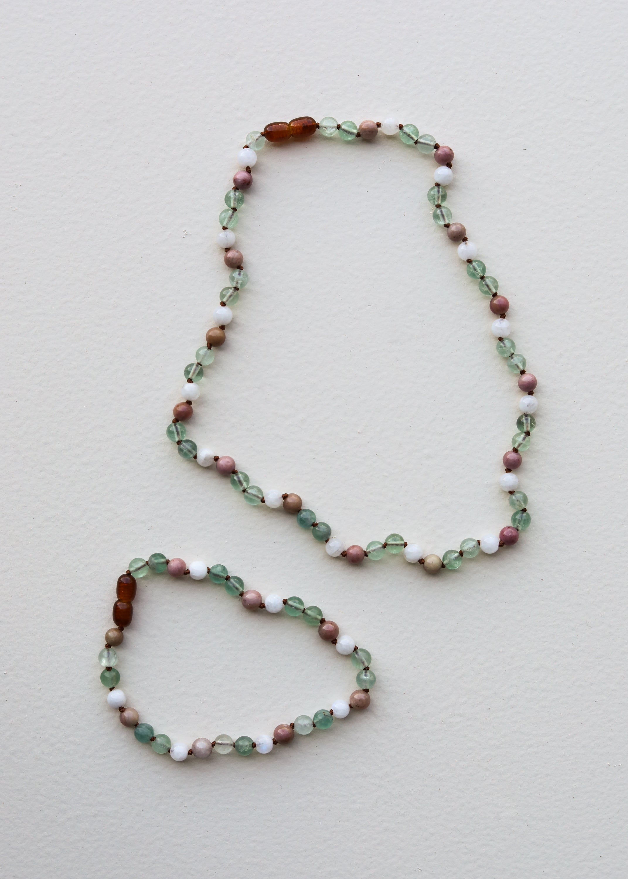 CanyonLeaf Fluorite + Moonstone + Rhodonite || Natural Gemstone Necklace — in-use photo