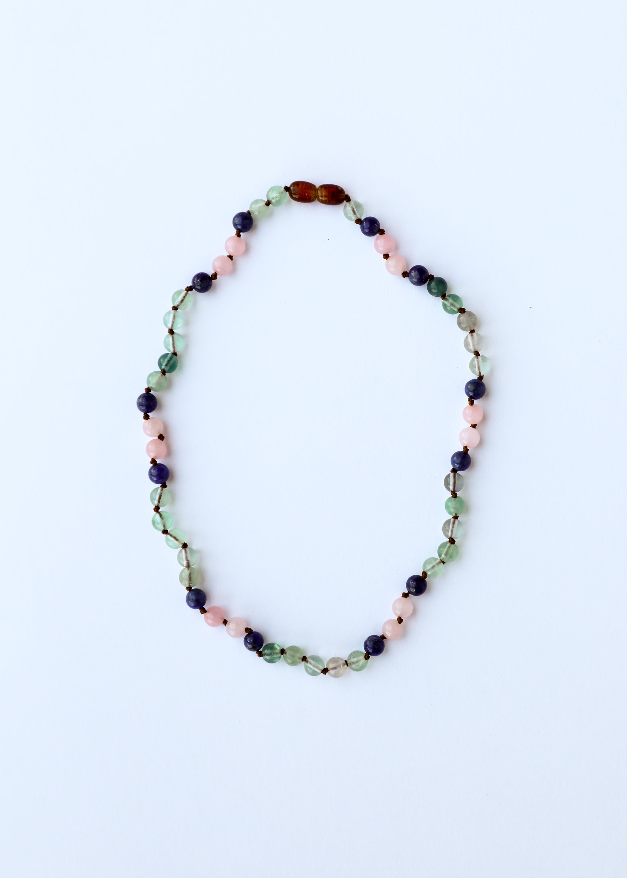 CanyonLeaf Fluorite + Lapis Lazuli + Rose Quartz || Gemstone Necklace — detail close-up