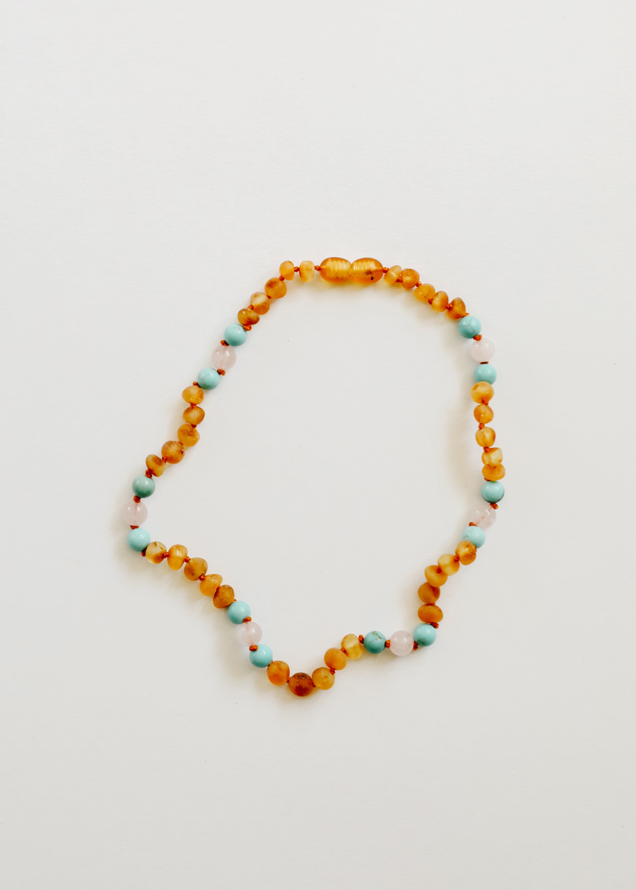 CanyonLeaf Raw Honey Baltic Amber and Natural Turquoise + Rose Quartz || Necklace — detail close-up