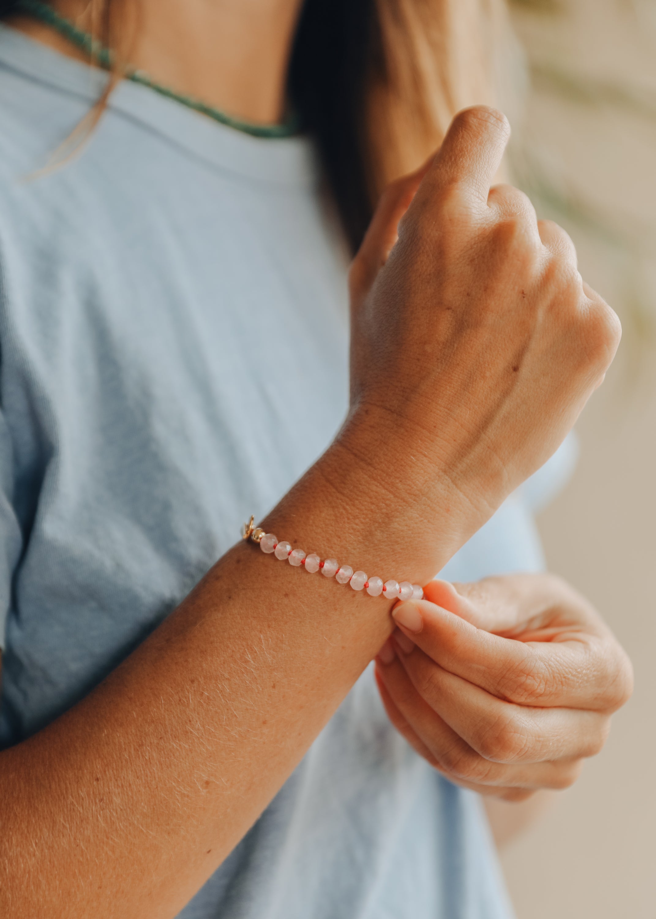 CanyonLeaf Natural Rose Quartz + 14k Gold Filled Toggle || Gemstone Bracelet — CanyonLeaf branding close-up