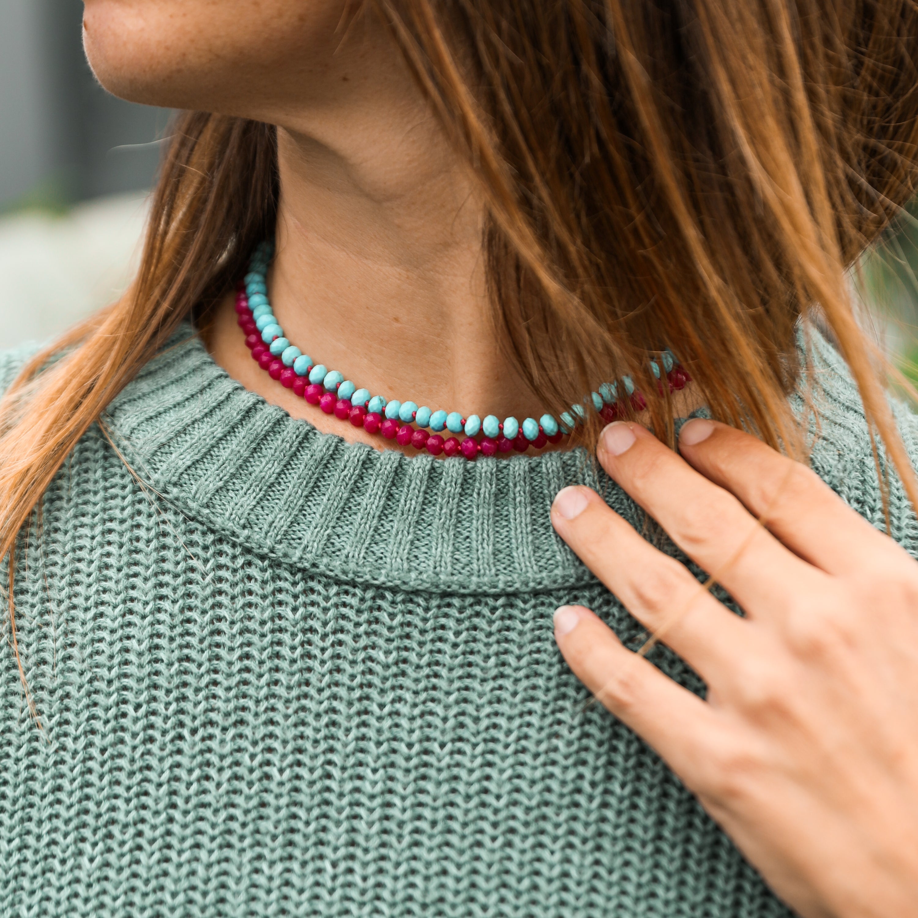 CanyonLeaf Turquoise + 14k Gold Filled Toggle || Gemstone Necklace — lifestyle worn / used context