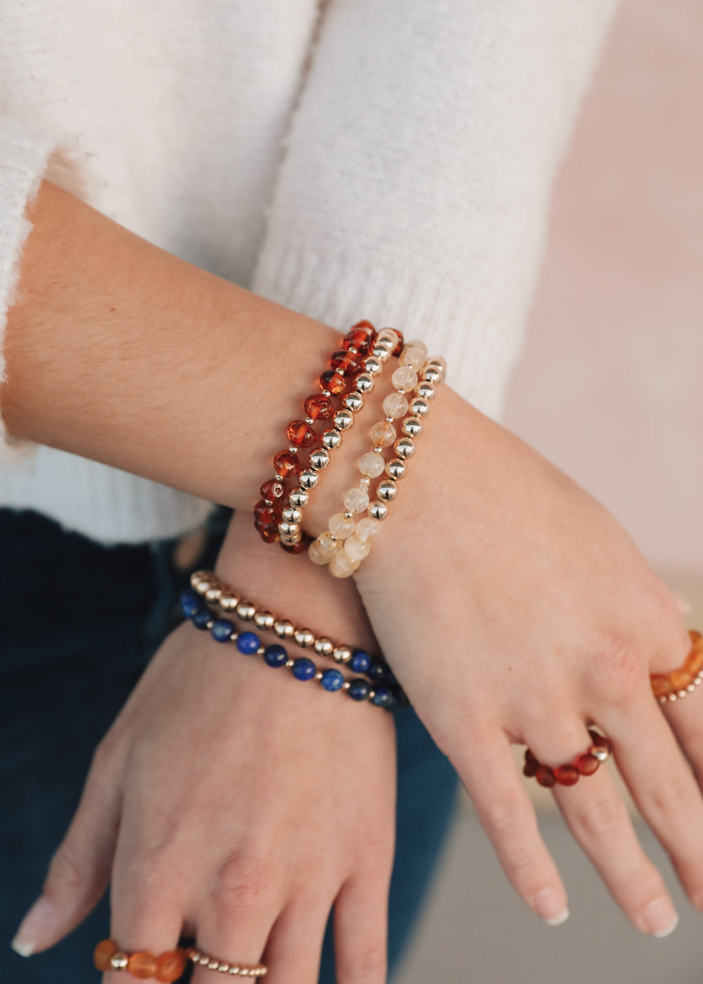 CanyonLeaf Citrine Gemstone + 14K Gold Filled Beaded Stretch Bracelet — side view