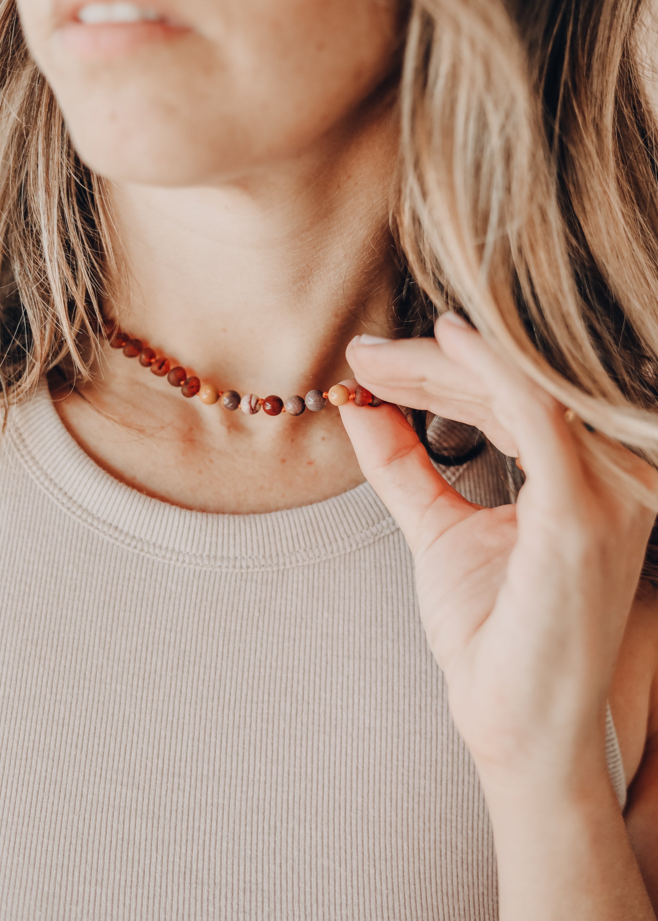 CanyonLeaf Raw Cognac Baltic Amber + Mookaite Jasper || Necklace — main product shot