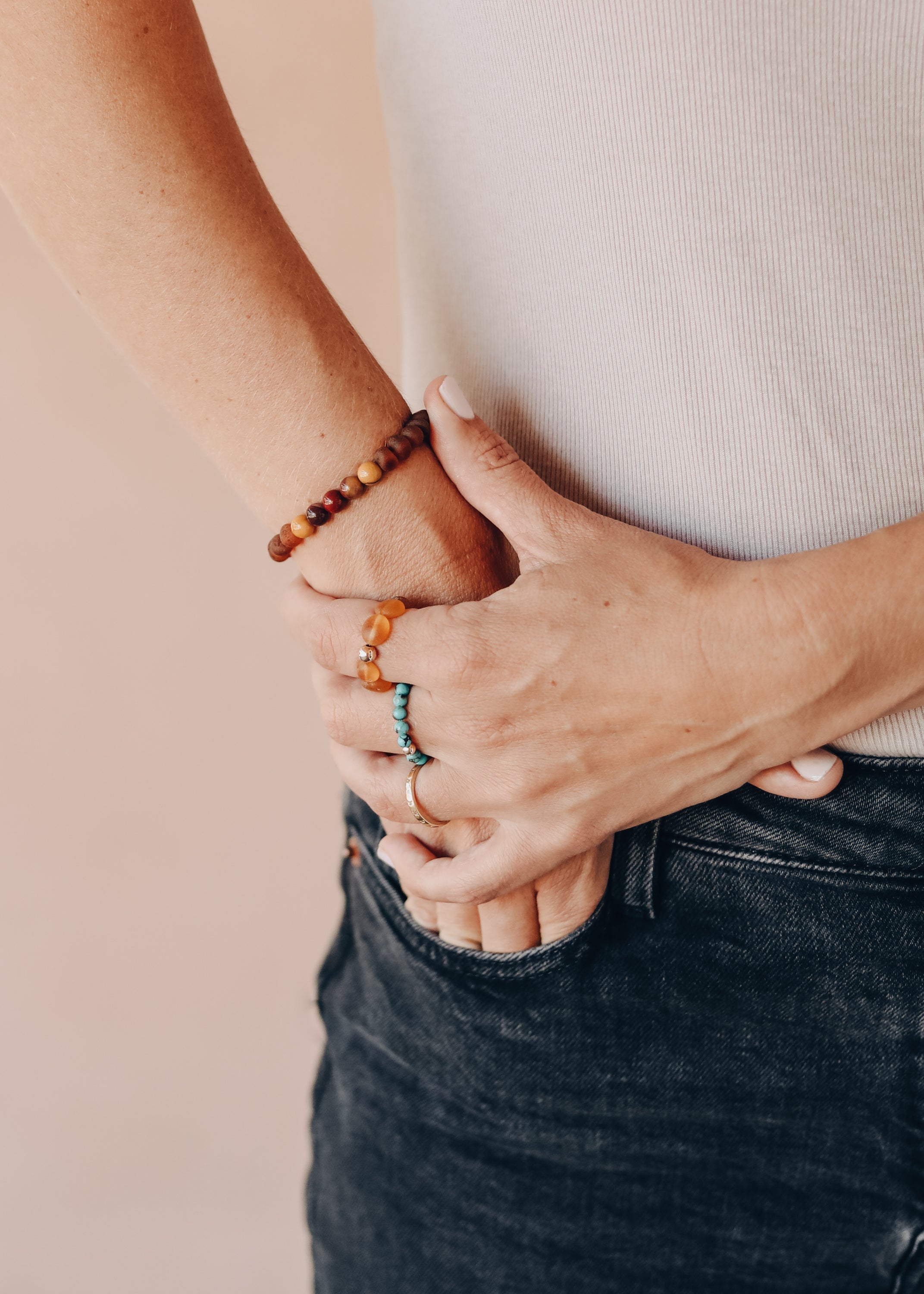 CanyonLeaf Raw Cognac Baltic Amber + Mookaite Jasper || Adult Stretch Bracelet — main product shot