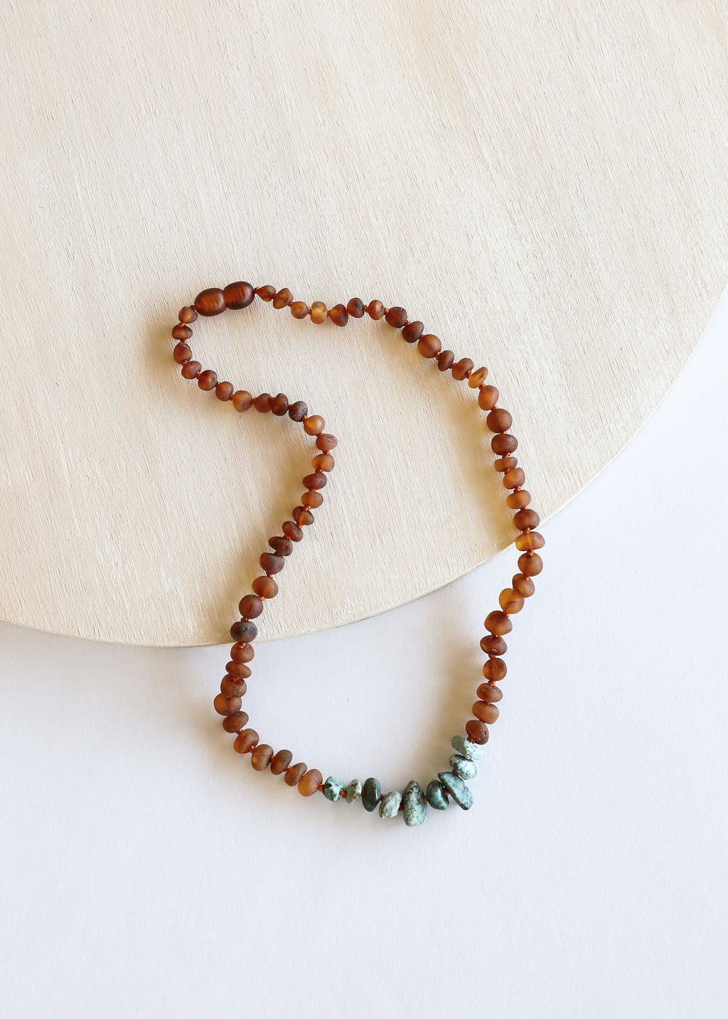 CanyonLeaf Raw Cognac Baltic Amber + Raw Turquoise Jasper || Necklace — detail close-up