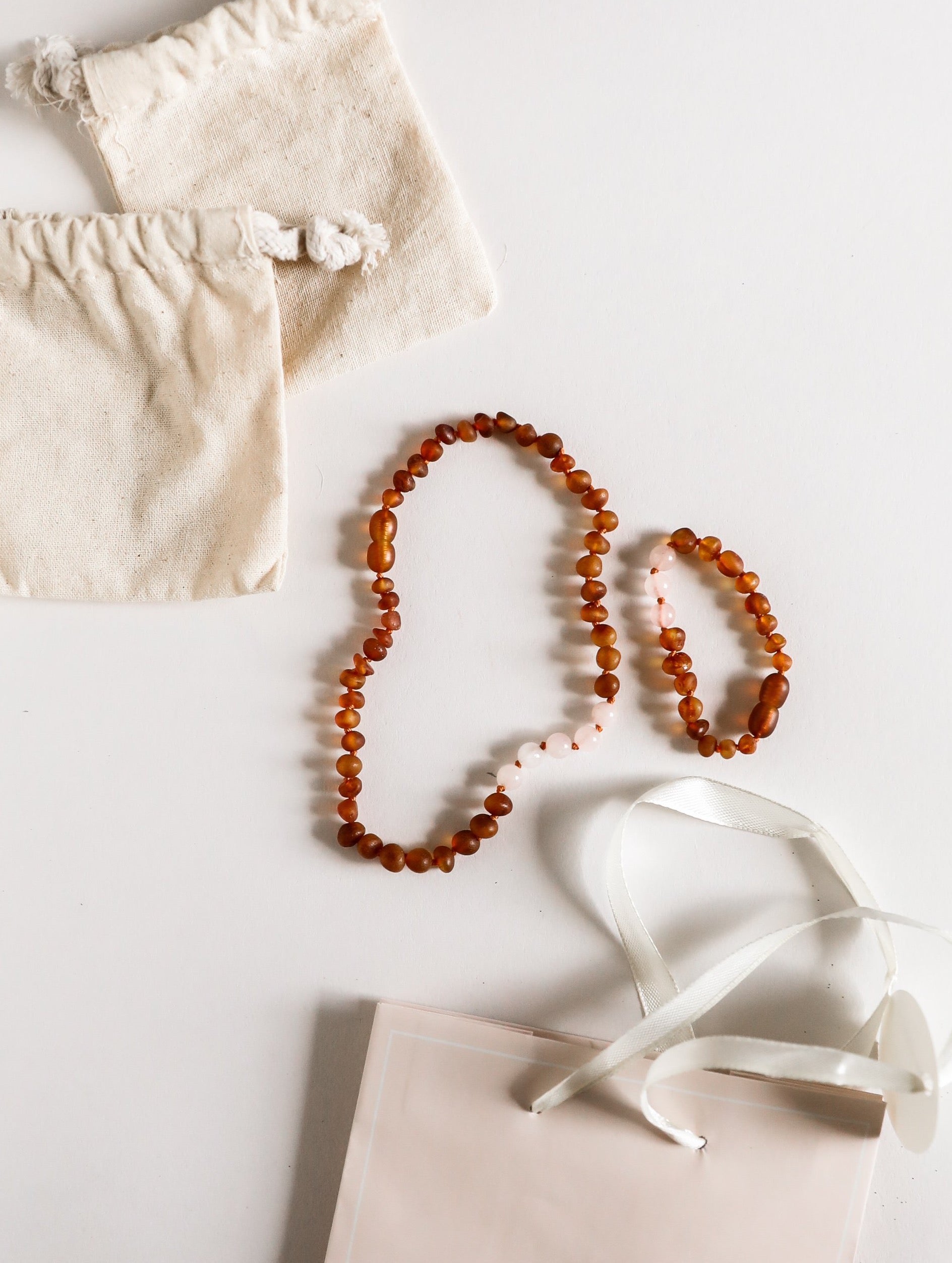CanyonLeaf Raw Cognac Baltic Amber + Rose Quartz || Kids Set || — main product shot
