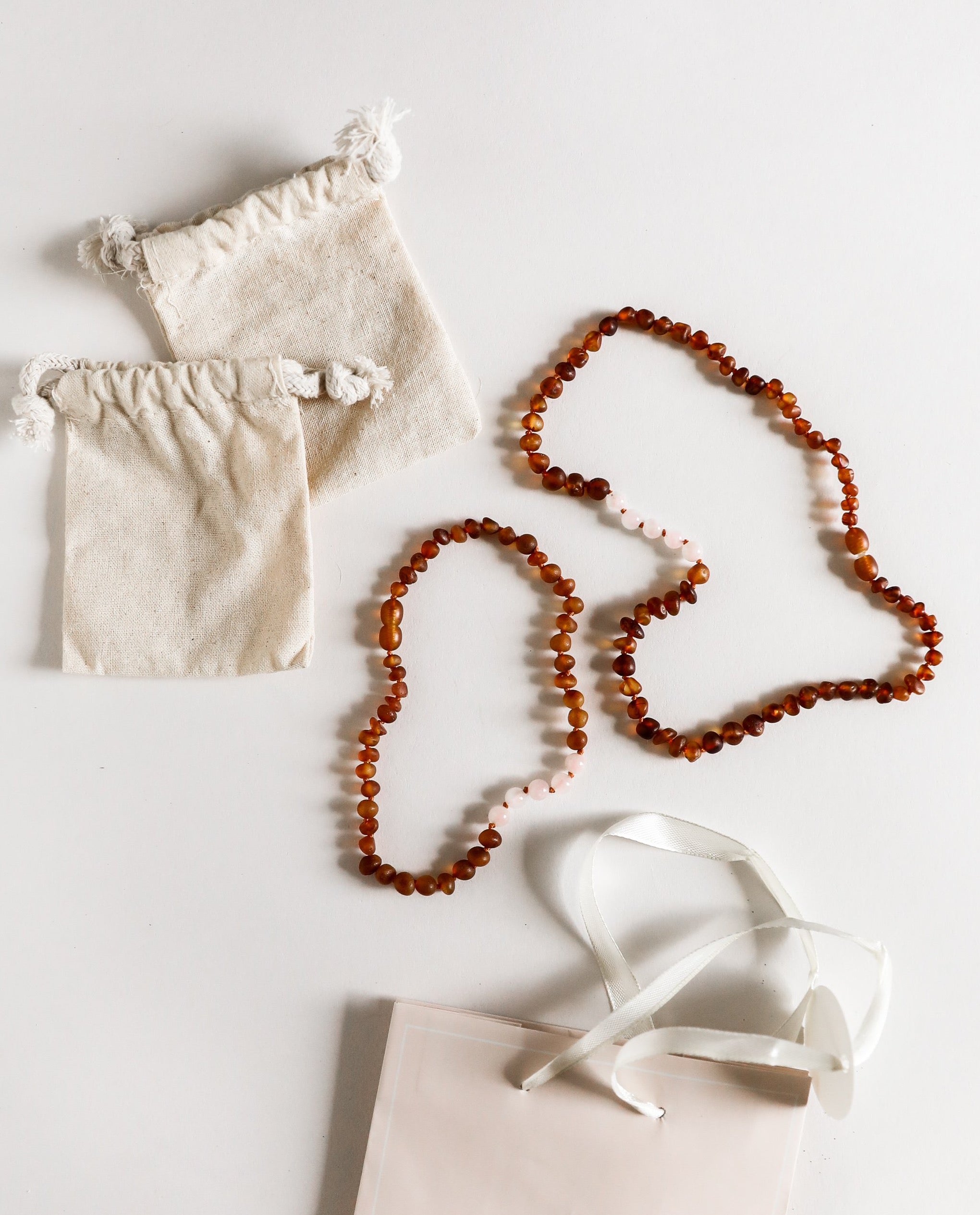 CanyonLeaf Raw Cognac Baltic Amber + Rose Quartz || Necklace Set — main product shot