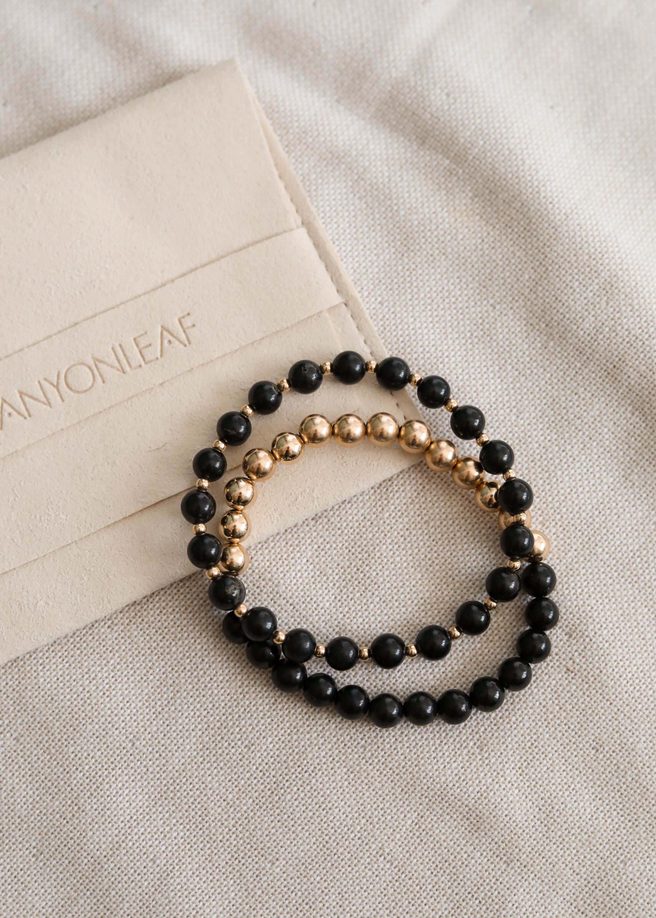 CanyonLeaf Shungite : 14k Gold Filled Sun + Moon || Stretch Bracelets — lifestyle worn / used context