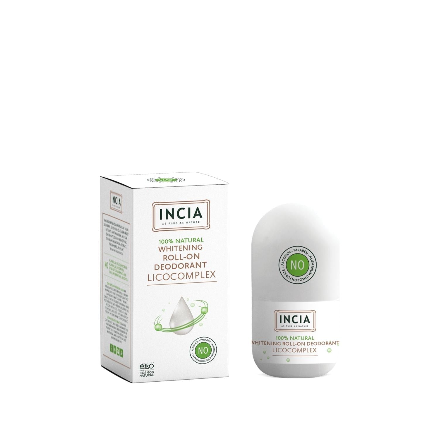 Incia Natural Whitening Roll On Deodorant 50 Ml - Non-Antiperspirant, Natural Mineral Salt, Licorice Root Extract