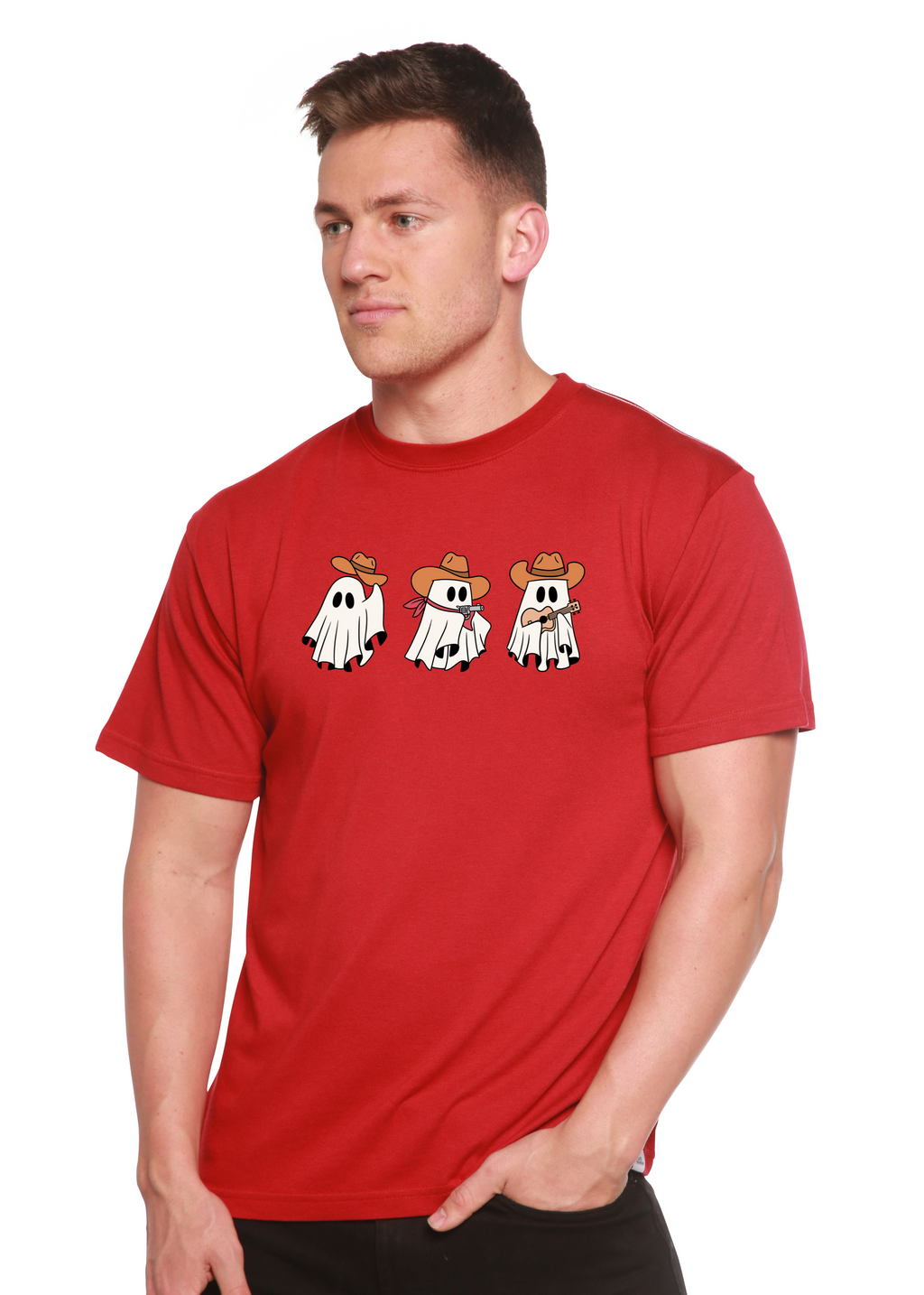 Spun Bamboo Cowboy Ghosts Unisex Bamboo Viscose/Organic Cotton Short Sleeve Graphic T-Shirt — fabric or material detail