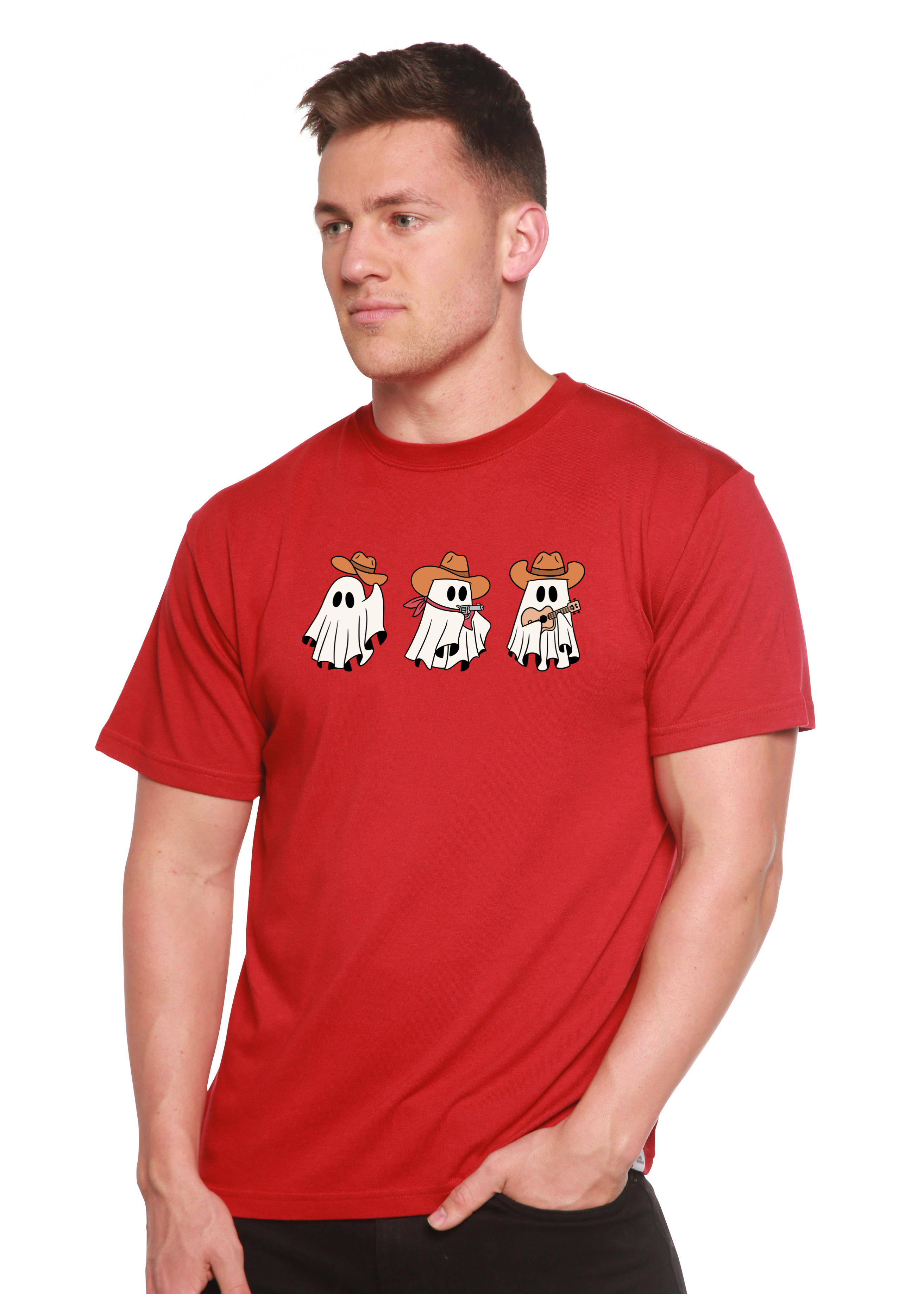 Spun Bamboo Cowboy Ghosts Unisex Bamboo Viscose/Organic Cotton Short Sleeve Graphic T-Shirt — fabric or material detail