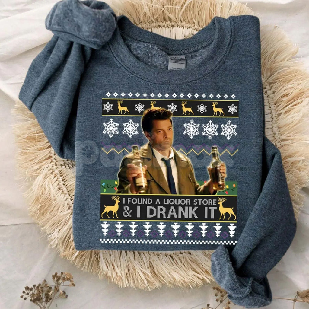 Pasimax "I Found A Liquor Store And I Drank It" Ugly Sweater | Supernatural Moments Quote Funny Christmas Shirt | Dean Winche