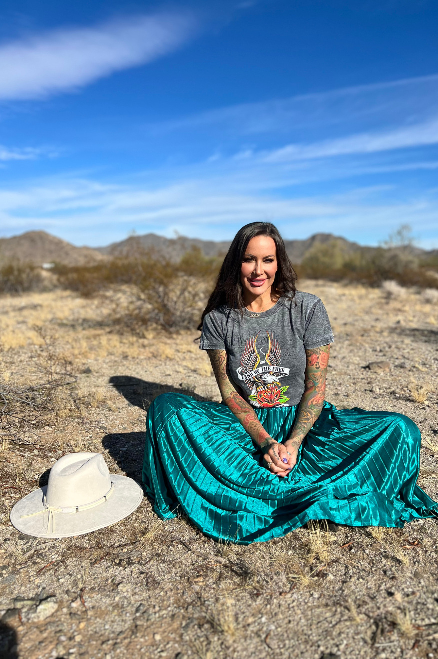 Pretty Little Patriot Pretty Little Patriot Emerald Green Maxi Skirt — lifestyle worn / used context