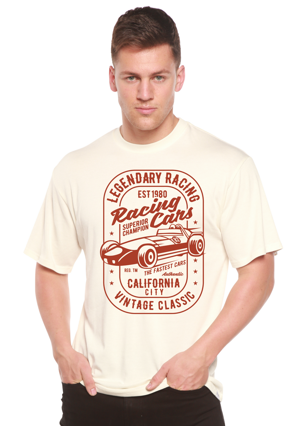 Spun Bamboo Legendary Racing Cars Men's Bamboo Viscose/Organic Cotton Short Sleeve Graphic T-Shirt — detail close-up