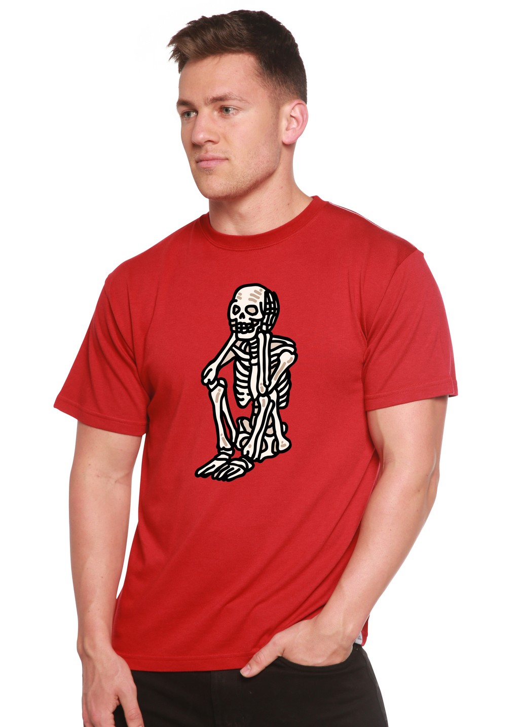 Spun Bamboo Sad Skeleton Halloween Unisex Bamboo Viscose/Organic Cotton Short Sleeve Graphic T-Shirt — feature highlight