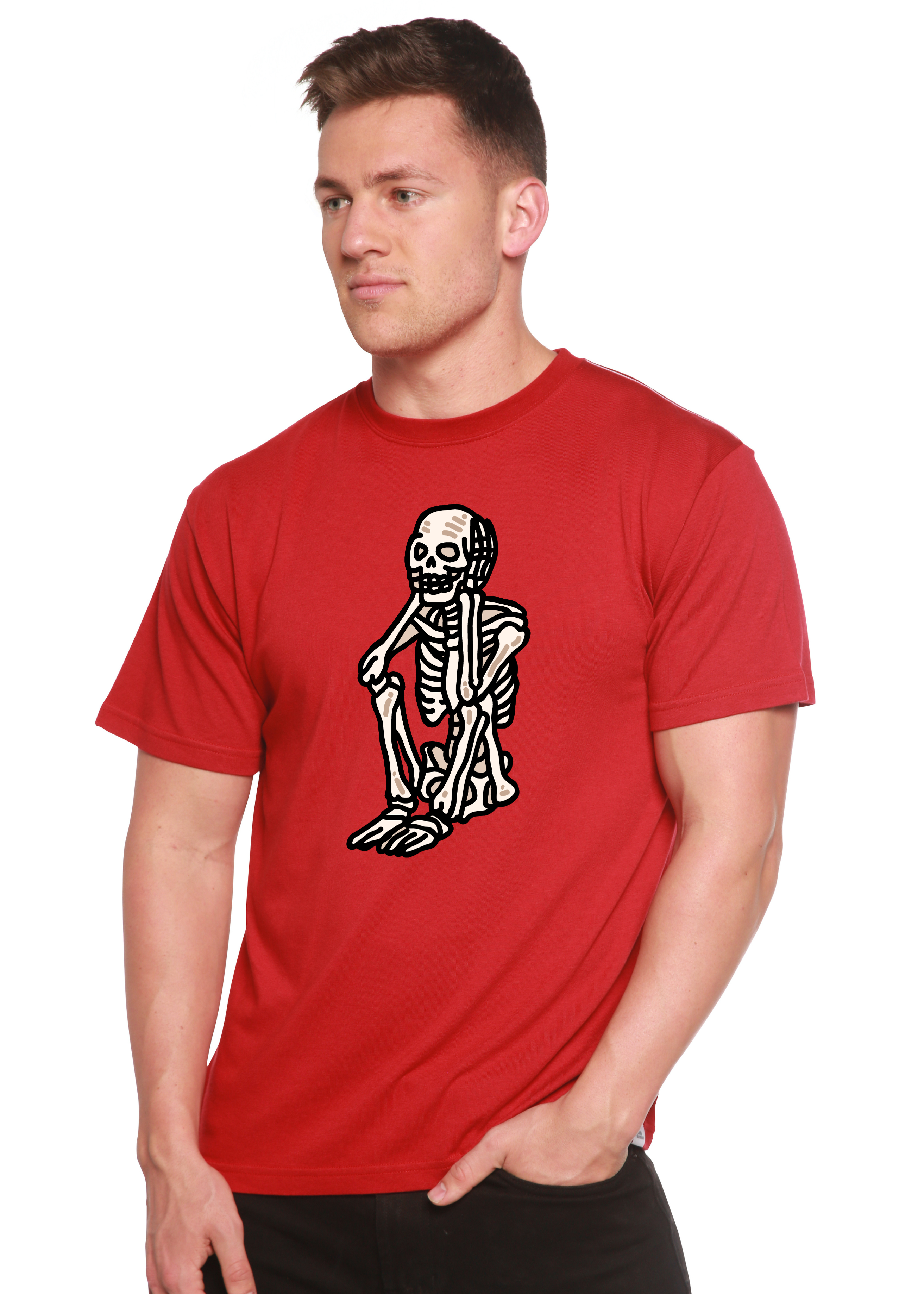 Spun Bamboo Sad Skeleton Halloween Unisex Bamboo Viscose/Organic Cotton Short Sleeve Graphic T-Shirt — feature highlight