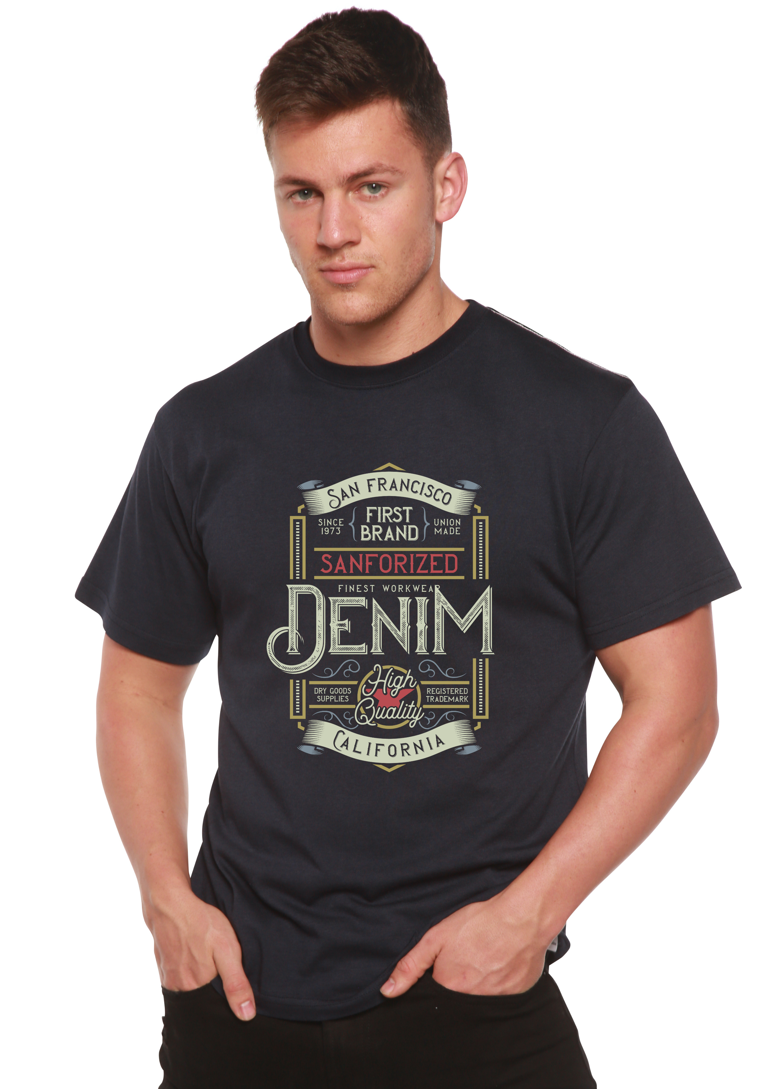 Spun Bamboo Denim California Men's Bamboo Viscose/Organic Cotton Short Sleeve Graphic T-Shirt — detail close-up