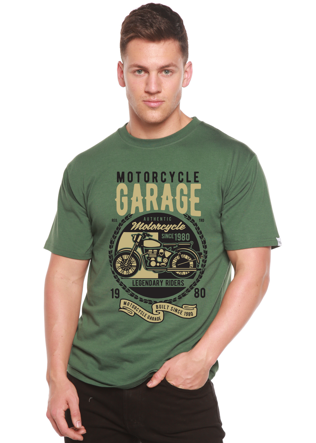 Spun Bamboo Motorcycle Garage Men's Bamboo Viscose/Organic Cotton Short Sleeve Graphic T-Shirt — in-use photo