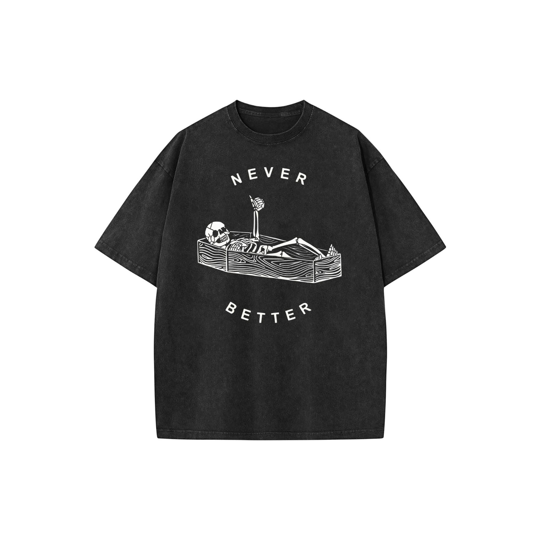 Pasimax "Never Better" Skeleton Round Neck Acid Washed T-Shirt — back view