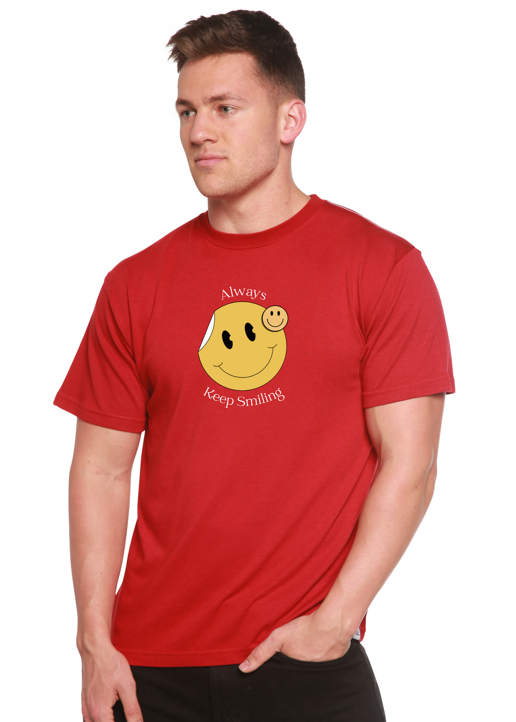 Spun Bamboo Always Keep Smiling Men's Bamboo Viscose/Organic Cotton Short Sleeve Graphic T-Shirt — in-use photo