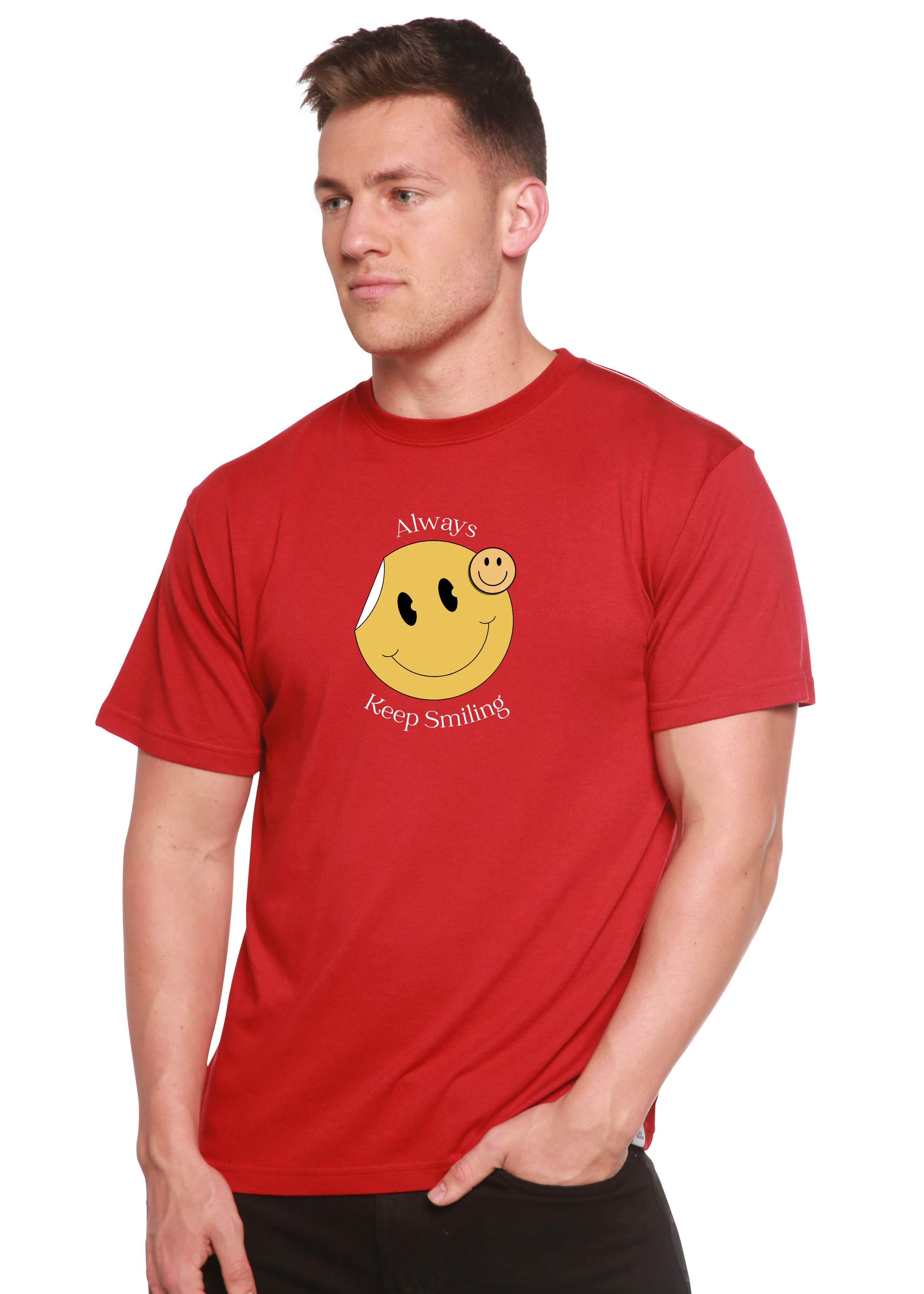 Spun Bamboo Always Keep Smiling Men's Bamboo Viscose/Organic Cotton Short Sleeve Graphic T-Shirt — in-use photo