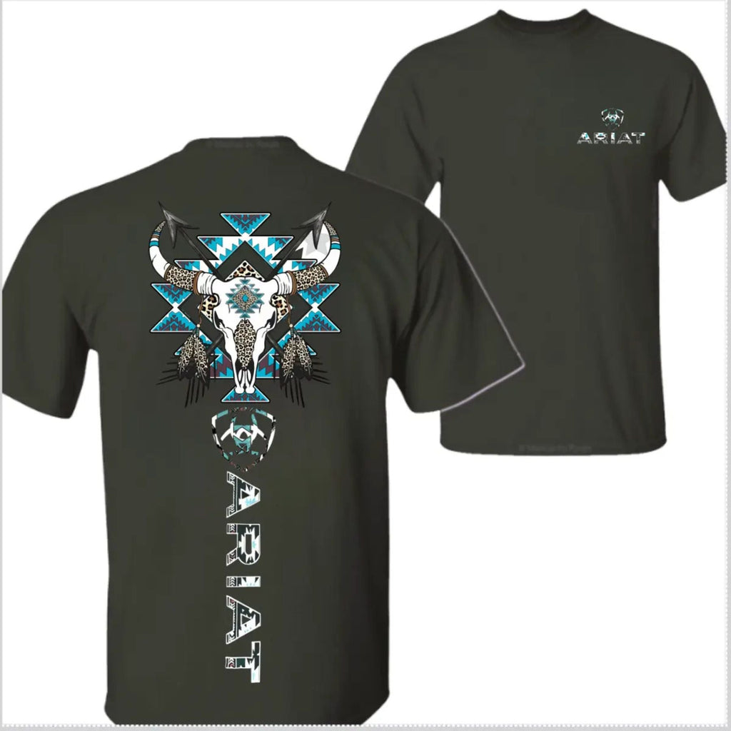 Pasimax Ariat Western Bull Skull T-Shirt - Tribal Graphic with Turquoise Accents, Rodeo Style Gift Tee — side view