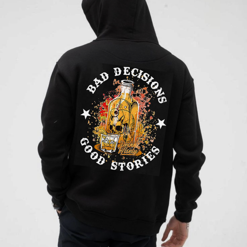 Pasimax "Bad Decisions Good Stories" Halloween Hoodie — detail close-up