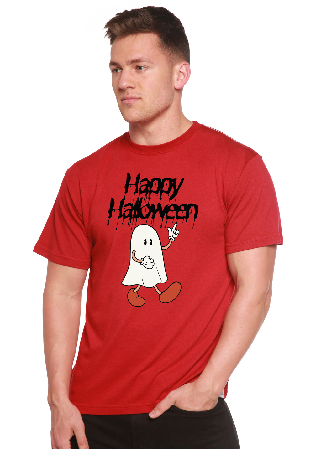 Spun Bamboo Happy Halloween Men's Bamboo Viscose/Organic Cotton Short Sleeve Graphic T-Shirt — in-use photo