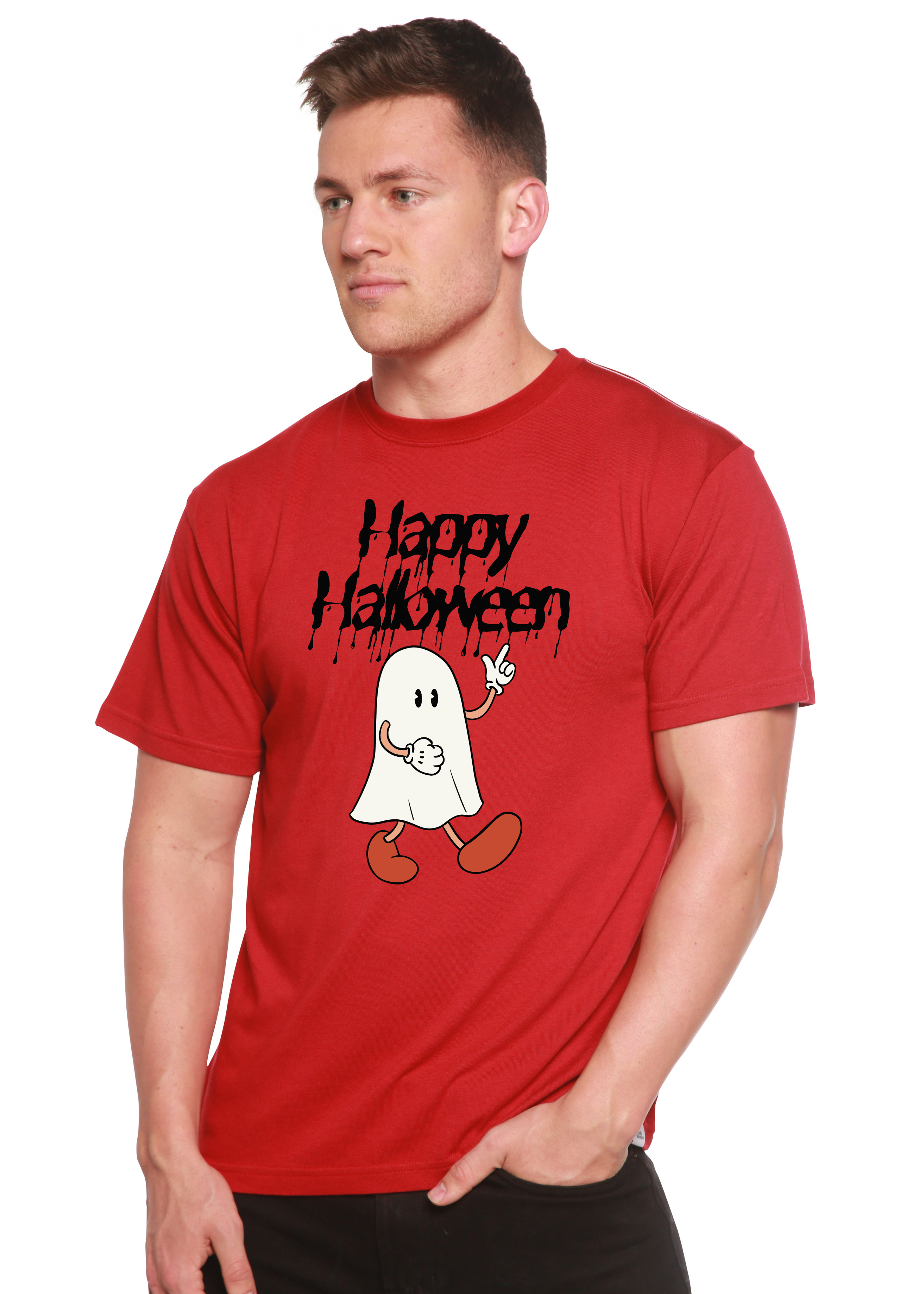 Spun Bamboo Happy Halloween Men's Bamboo Viscose/Organic Cotton Short Sleeve Graphic T-Shirt — in-use photo