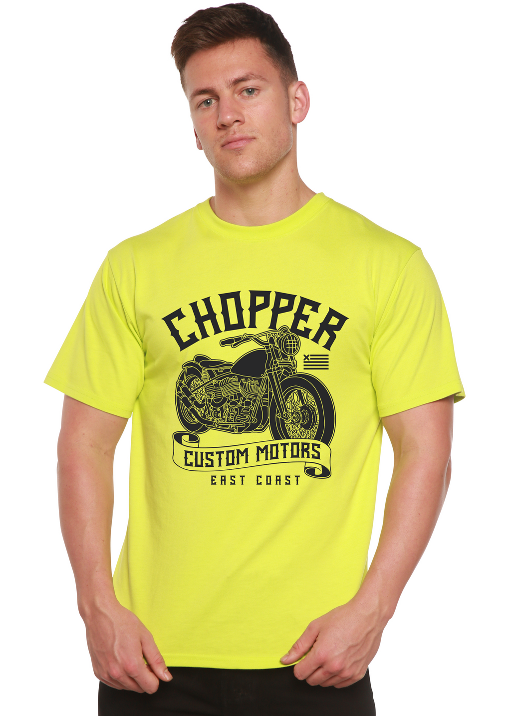 Spun Bamboo Chopper Custom Motors Men's Bamboo Viscose/Organic Cotton Short Sleeve Graphic T-Shirt — back view