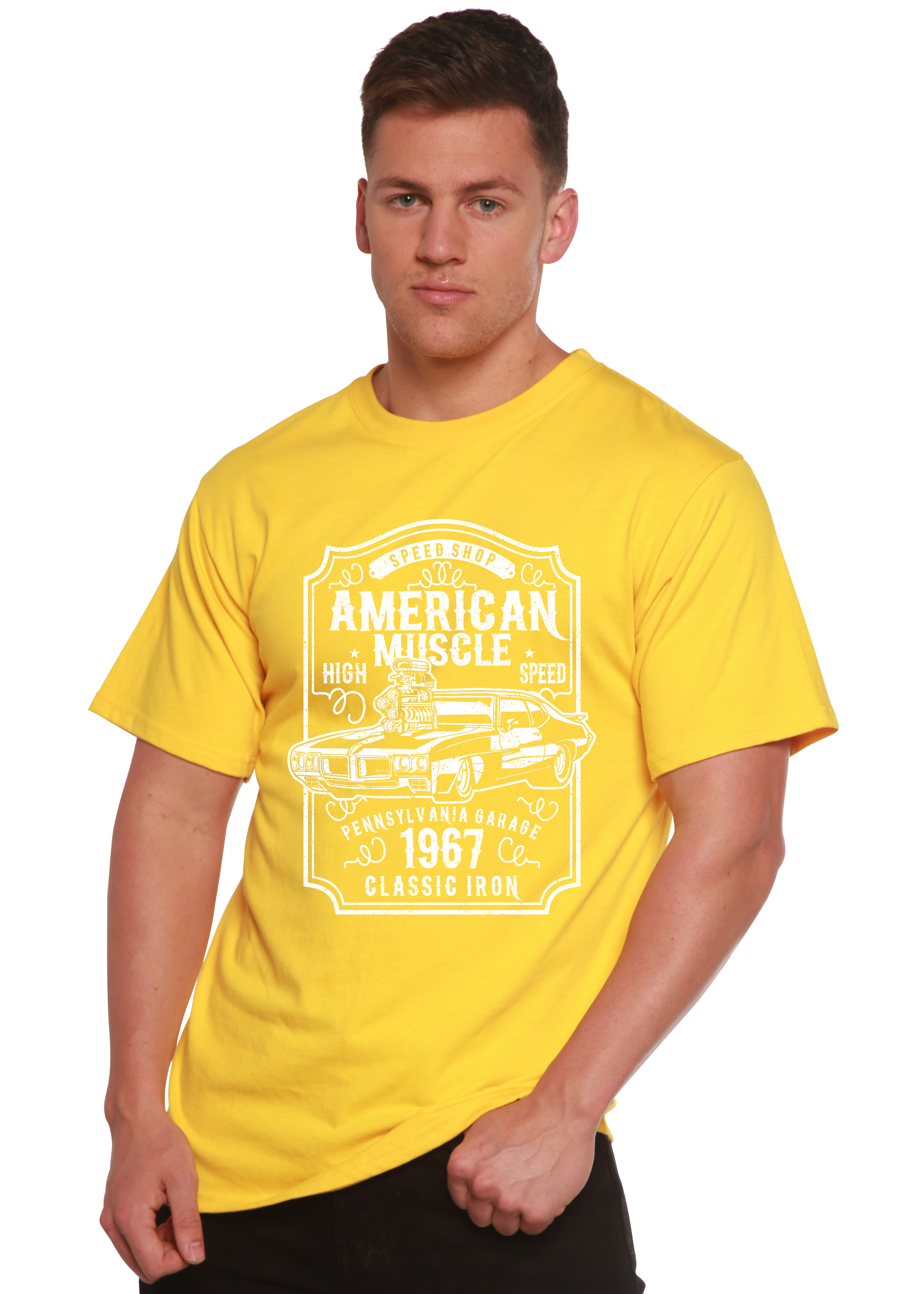 Spun Bamboo American Muscle Men's Bamboo Viscose/Organic Cotton Short Sleeve Graphic T-Shirt — in-use photo